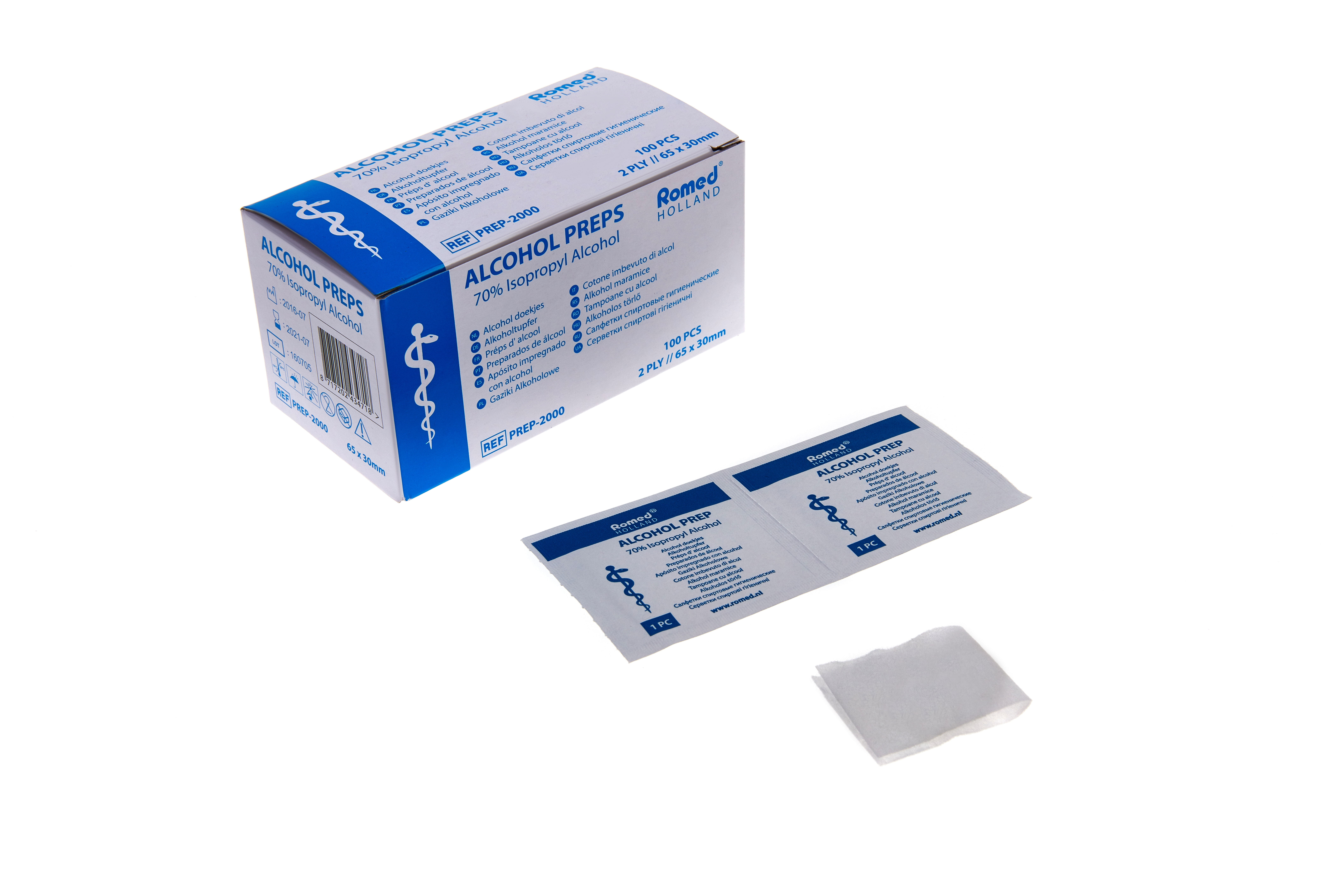PREP-2000 Romed alcohol preps, 2-ply, 65x30mm, individually packed, per 100 pcs in an inner box, 50 x 100 pcs = 5.000 pcs in a carton.